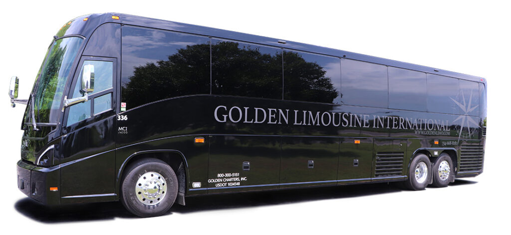Exterior side view of Black Golden Limo Charter Bus - Michigan, Ann Arbor, Detroit