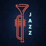 Cornet jazz instrument neon. Jazz music. Vector neon illustration.
