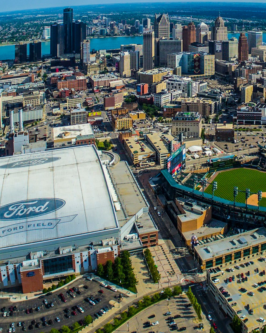 Aerial view of Ford Field and Comerica Park in Detroit Michigan