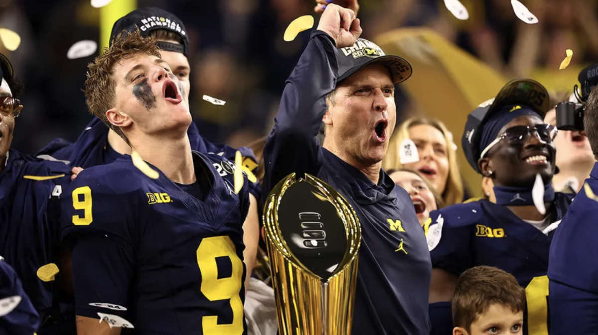 University of Michigan Football players and coach Jim Harbaugh winning 2023 CFP Trophy for national championships.