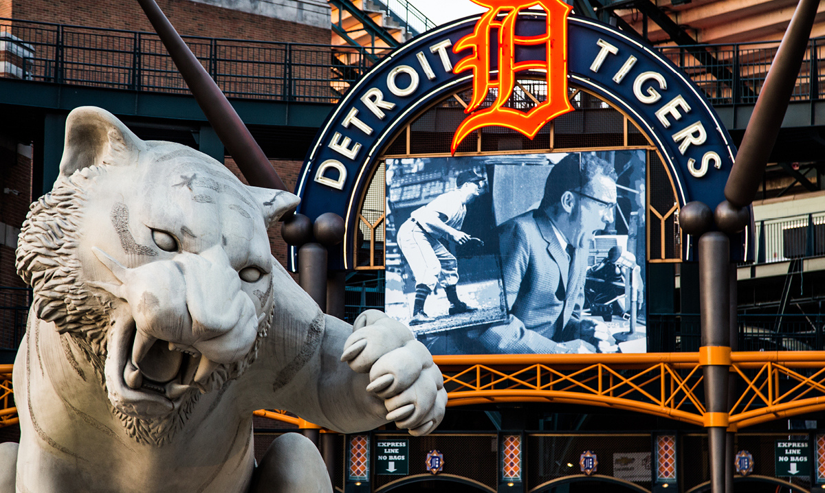 Comerica Park entrance with Tiger statue welcoming guests.