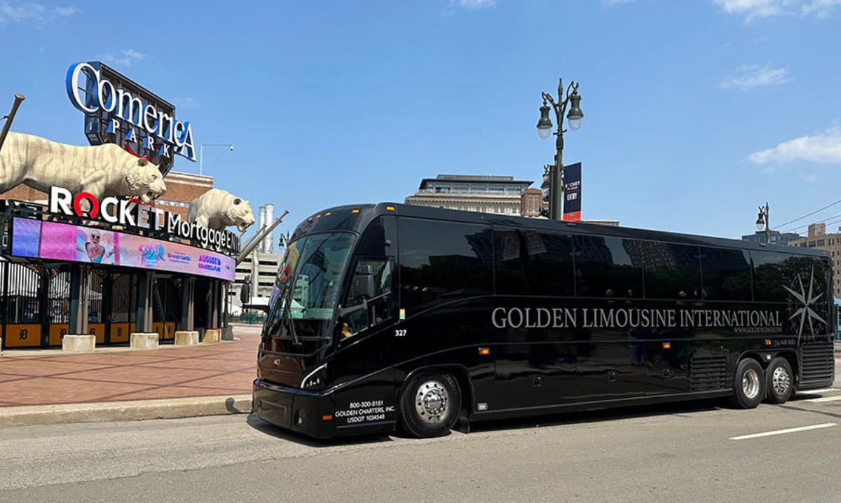 Golden Limo Black Charter Bus parked at Comerica Park entrance for Detroit Tigers game.