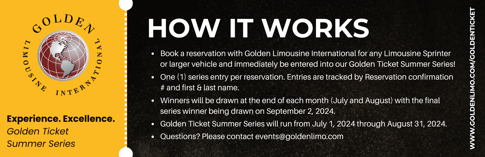 Golden Limo - Golden Ticket Summer Series 'How It Works' graphic promoting the summer series giveaway and group transportation reservations.