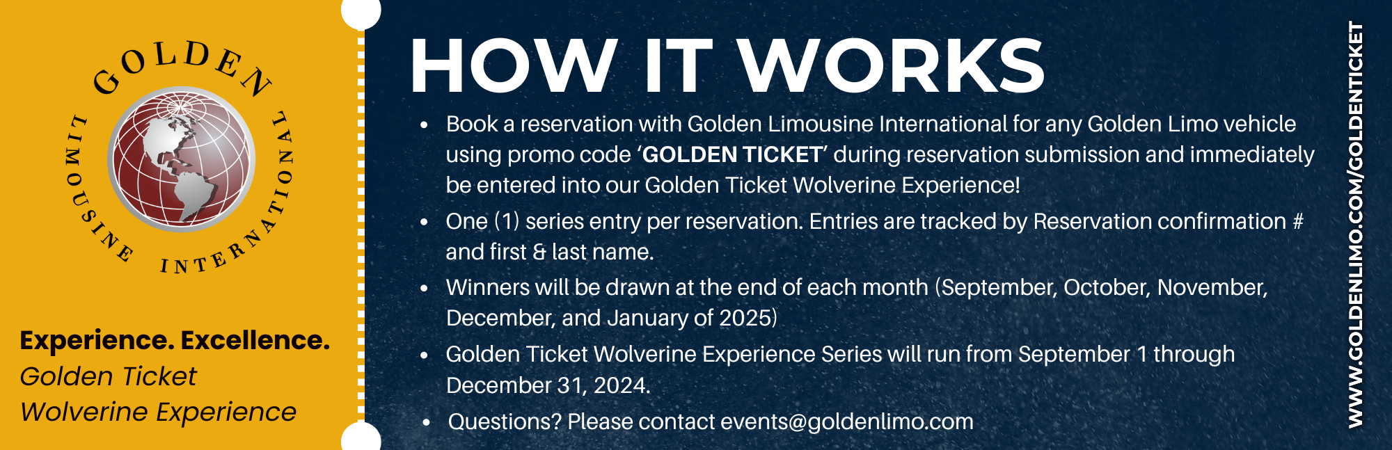 Golden Limo's Golden Ticket Wolverine Experience 'How It Works' graphic, explaining the giveaway details and entry information