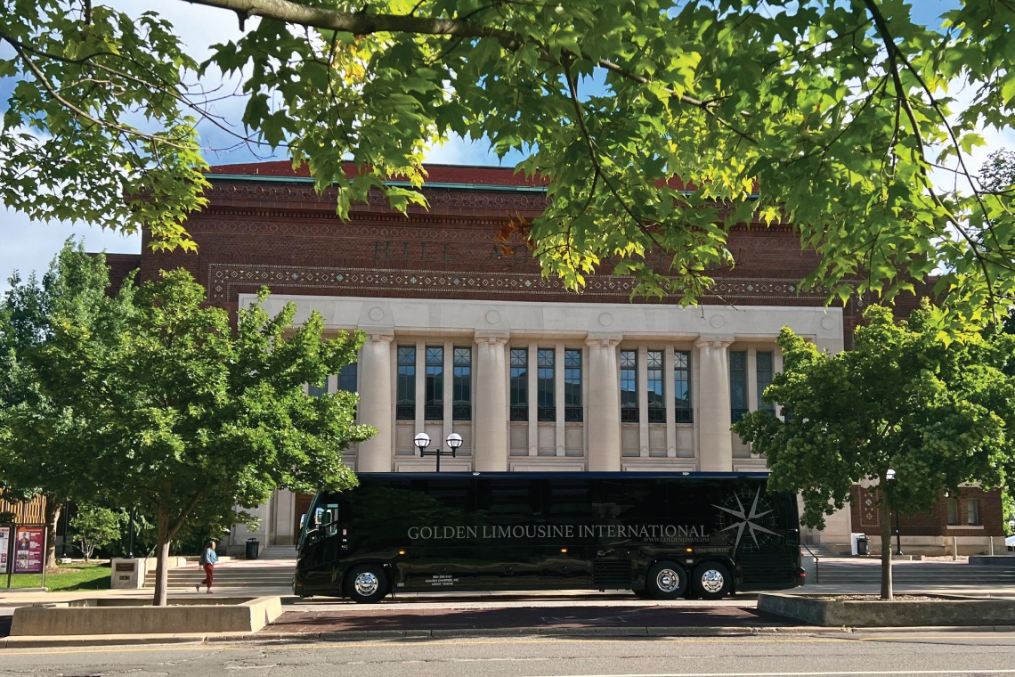 Golden Limousine Charter Buses seat up to 56, on location at Hill Auditorium in Ann Arbor, MI!