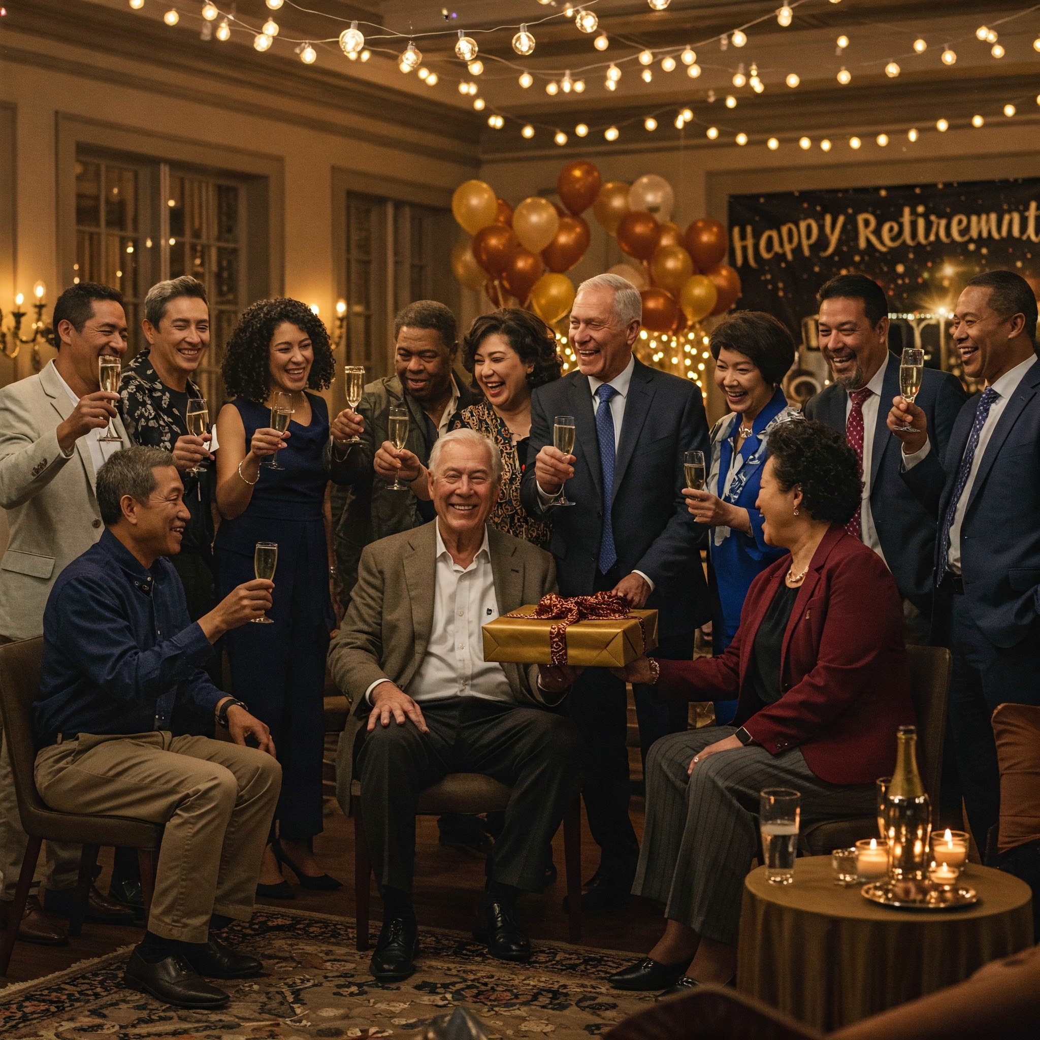 Large group of diverse coworkers celebrating the retirement of a colleague.