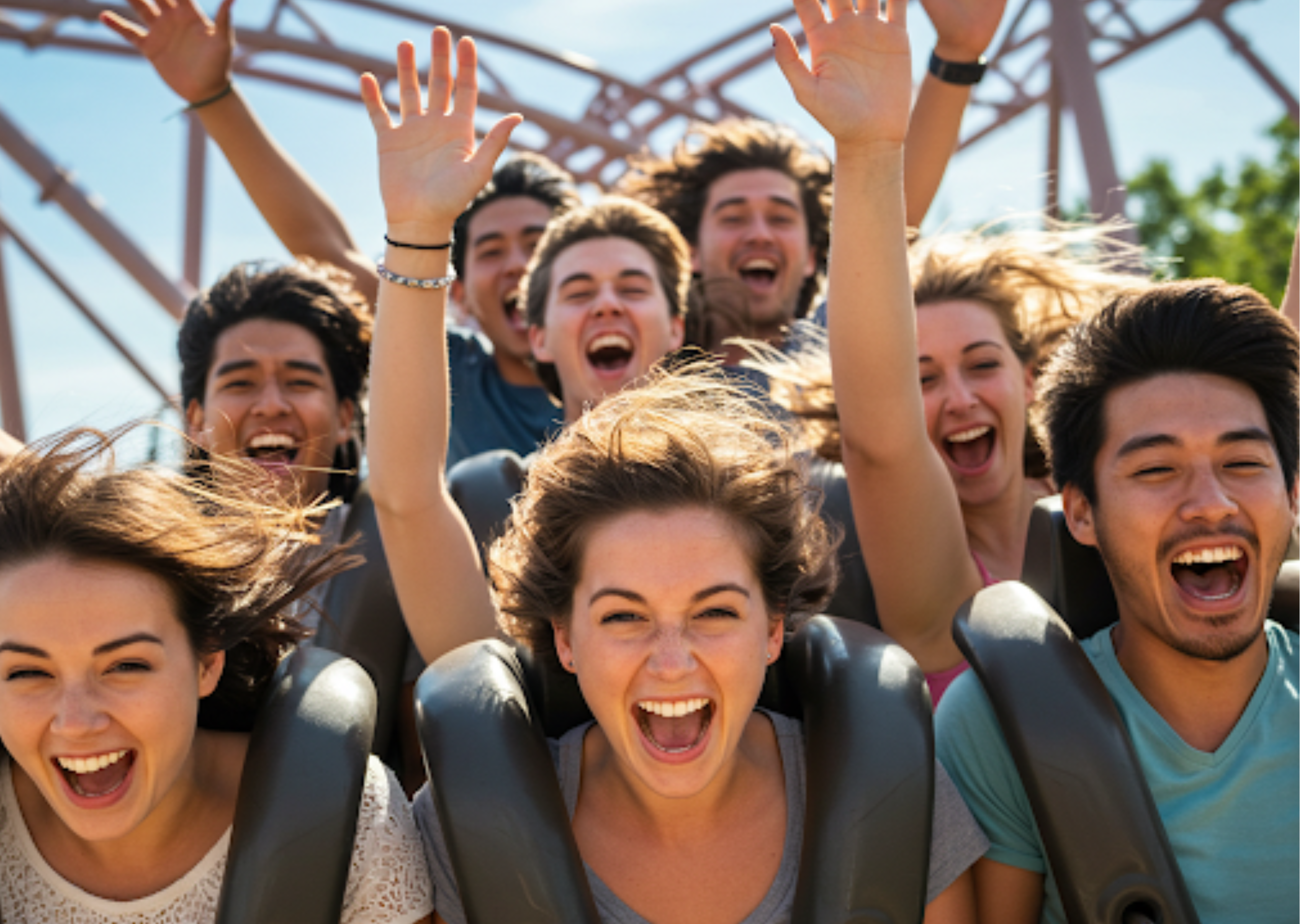 A group of young kids excited on a roller coaster experiencing the trill of the ride and summer!