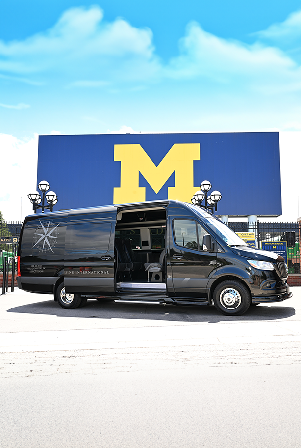 2025_06_GLI_Golden Executive Sprinter_University of Michigan Big House Stadium.O Golden Limousine International offers Executive Limousine Sprinters ideal for small group travel.