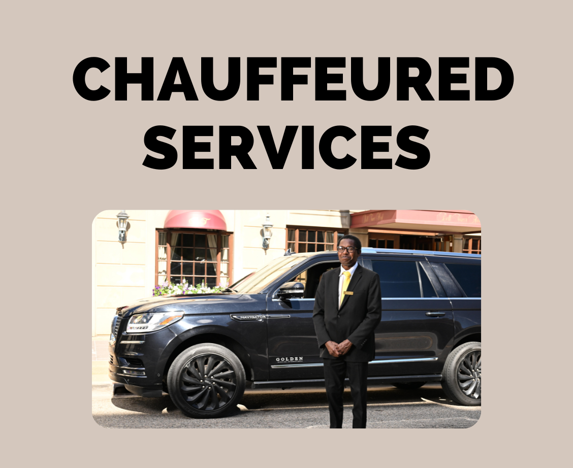 Golden Limousine chauffeur in front of vehicle.