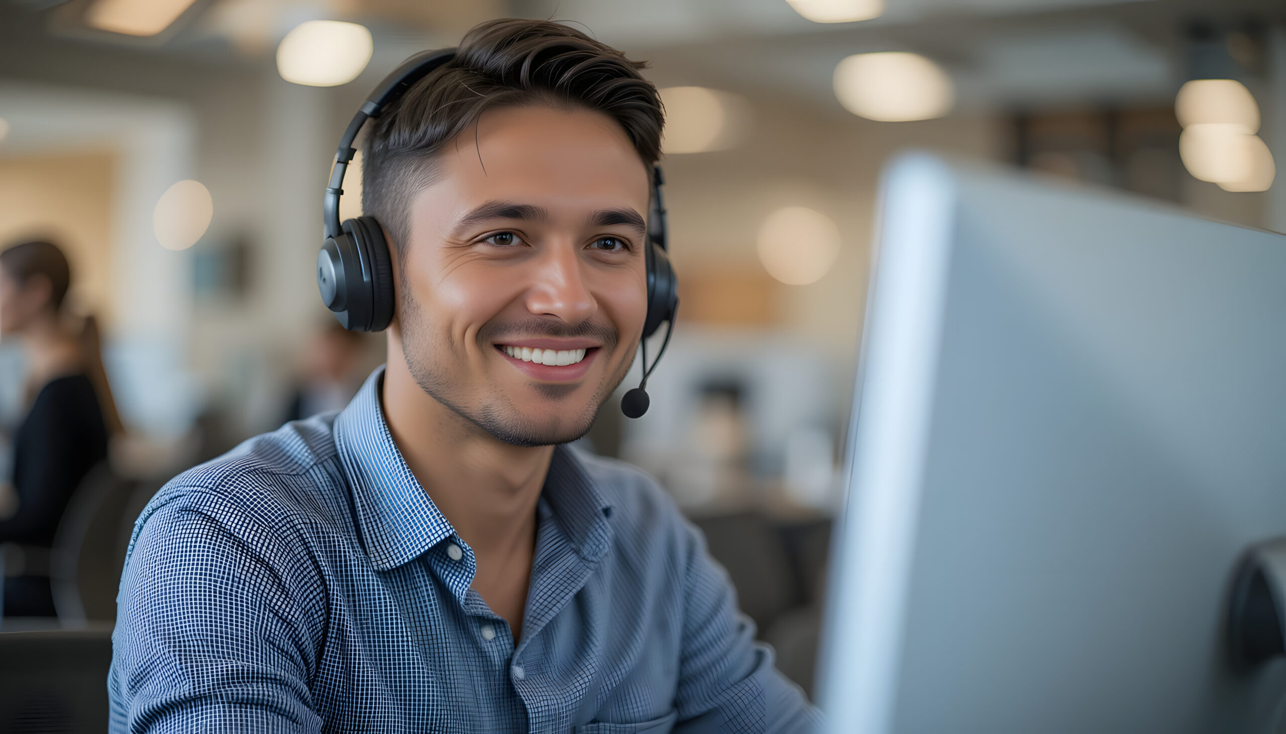 A friendly customer service representative wearing a headset smiles while working at his computer, ready to assist customers with their inquiries. Golden Limousine Reservationist on phone booking Cedar Point transportation for a customer.