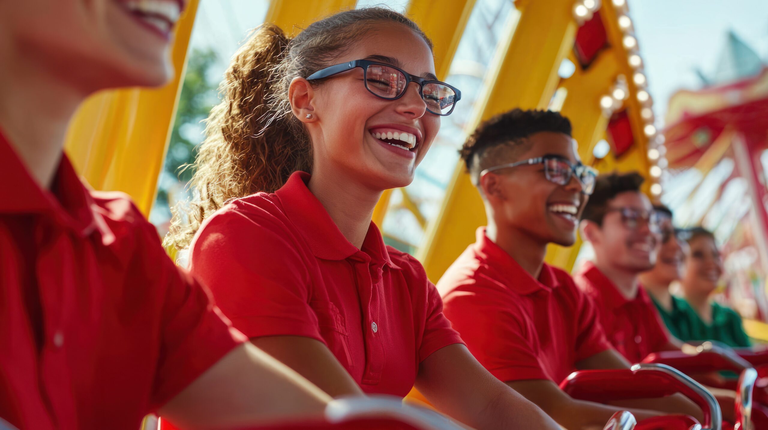 A group of amusement park employees in matching uniforms, working together to manage a ride. Students on Cedar Point Ride