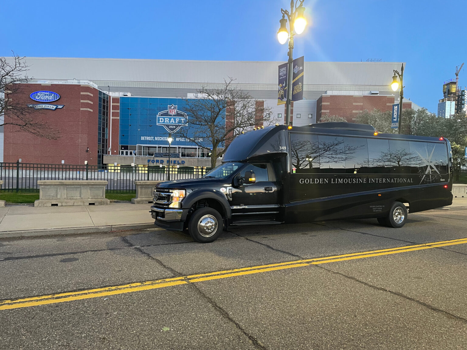 Lions game transportation - Golden Limousine International Executive Coach getting fans to the game!
