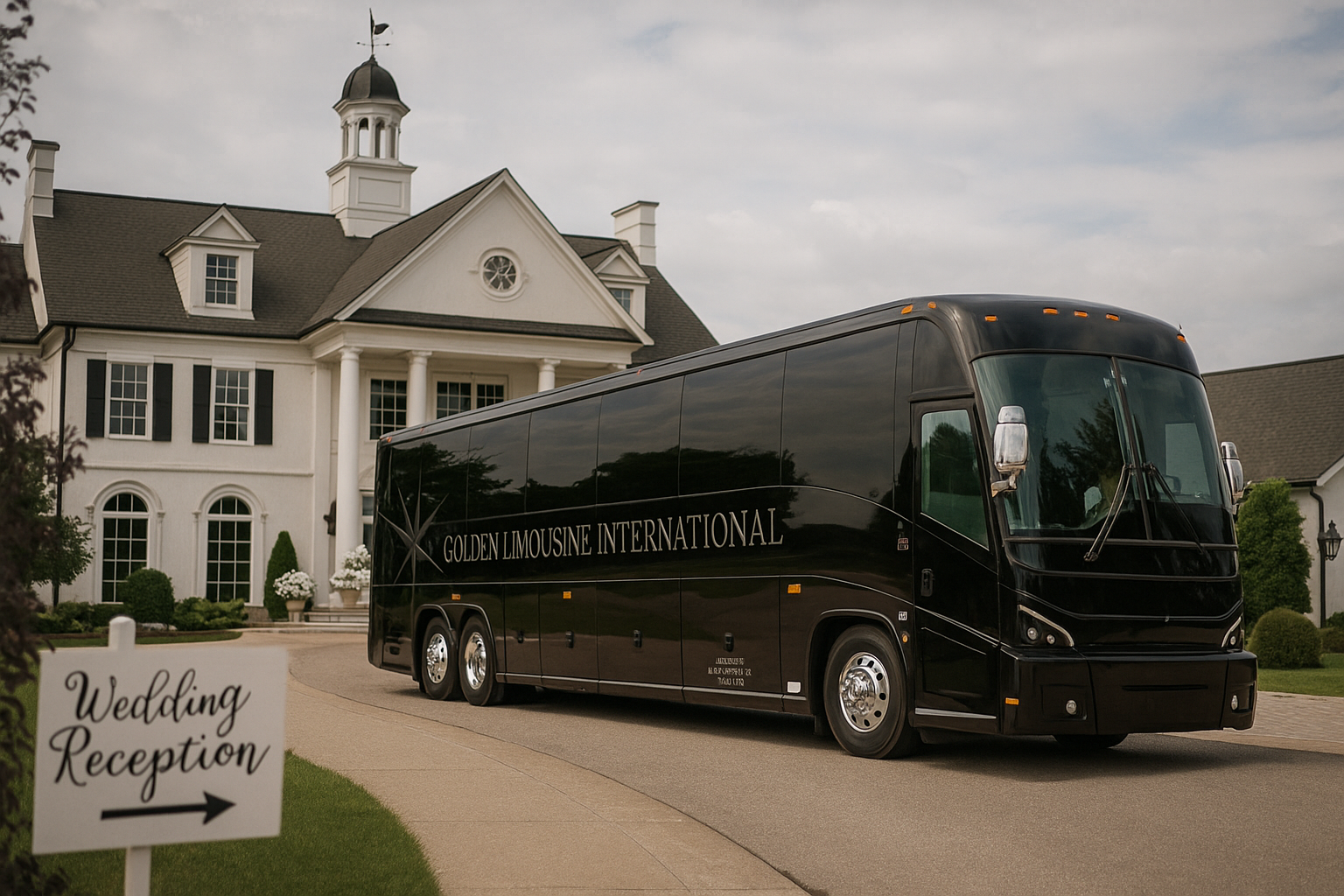 Golden Limousine Wedding Charter Bus at Venue