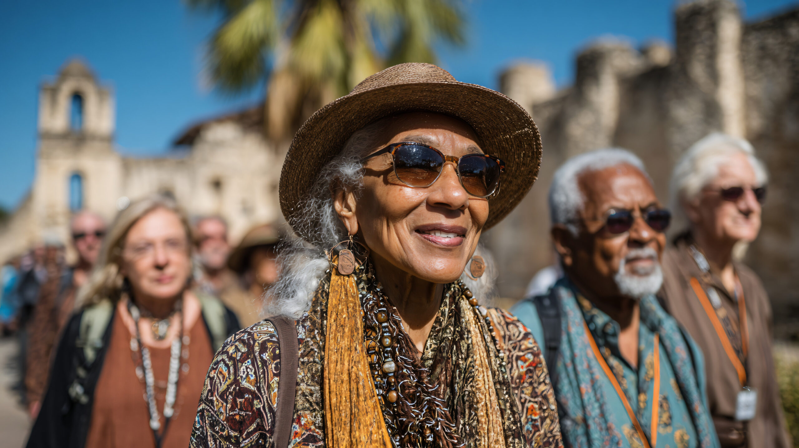 A diverse group of participants walking together on a heritage tour through the historic San Antonio Missions. Smiling, listening to a guide, and taking photos with their phones. Group of Senior Travelers enjoying their trip and Charter Bus transportation with Golden Limousine International.