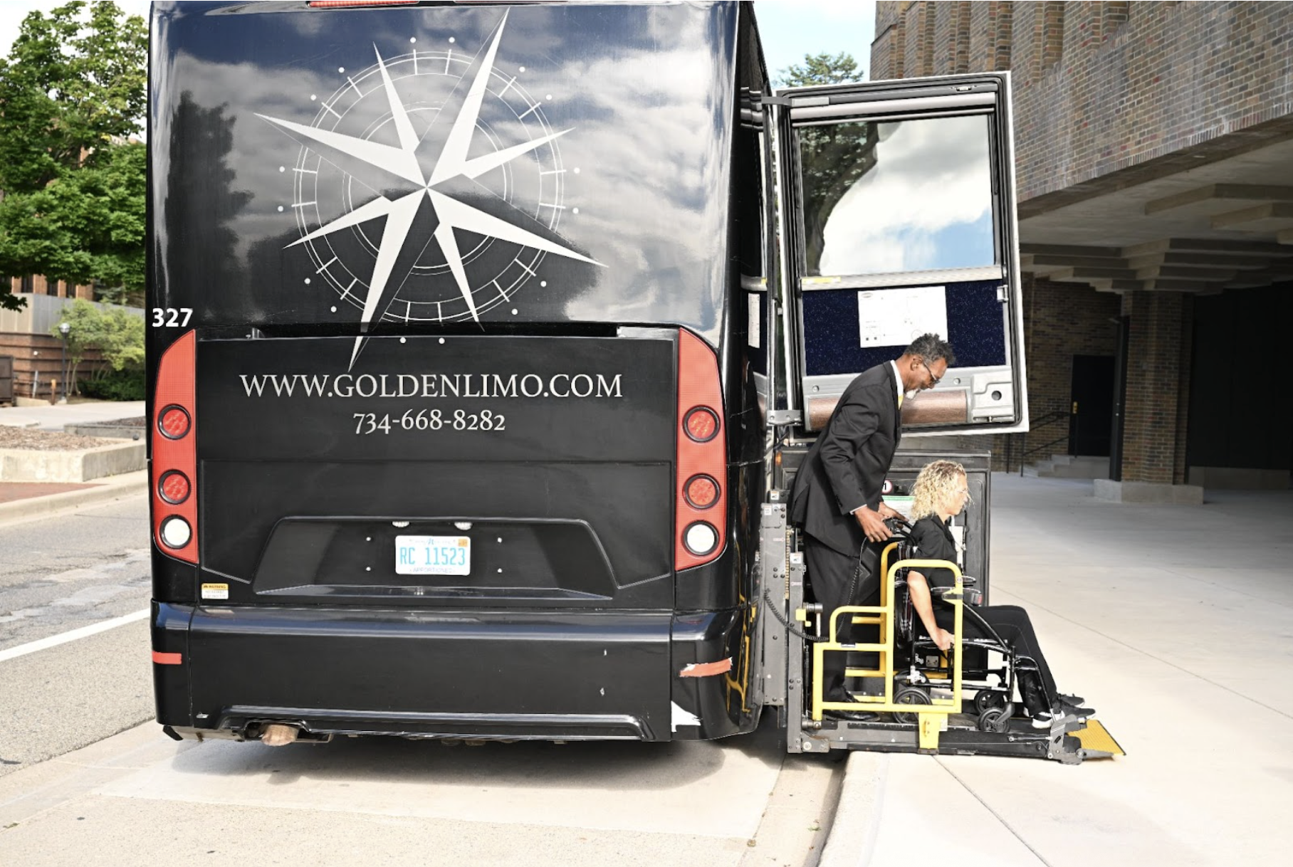 Golden Charter Bus with Wheelchair Golden Limousine International offers a variety of fleet options in our Golden Fleet - such as our large capacity Charter Buses!