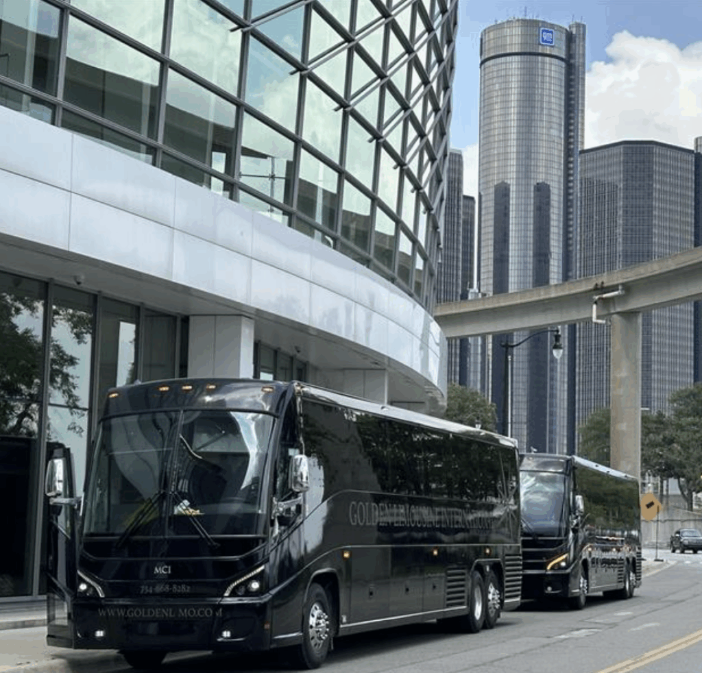 Golden Limousine International Charter Buses on location in downtown Detroit.