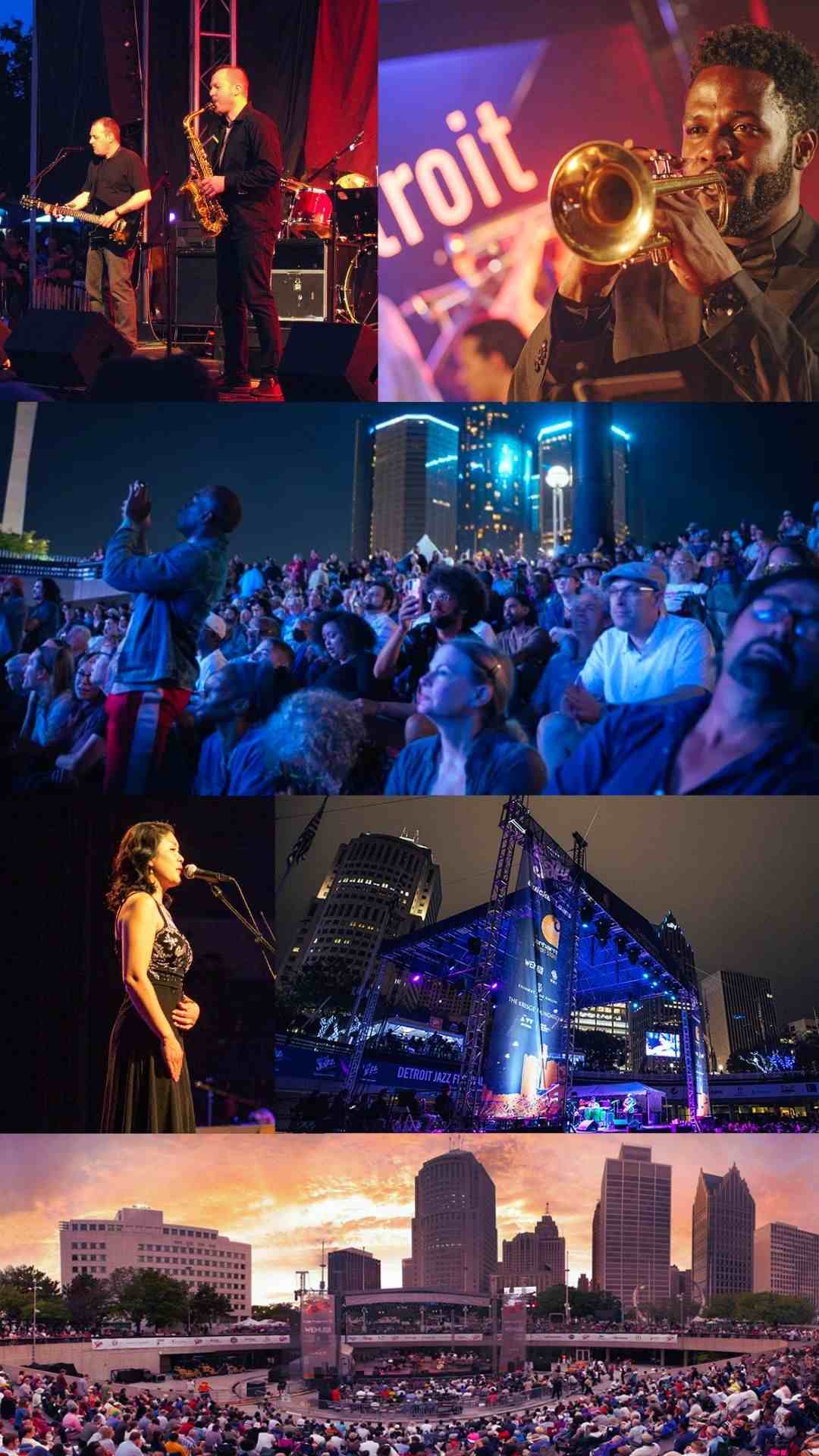Live music performances and audience at the Detroit Jazz Festival, showcasing vibrant entertainment in downtown Detroit.