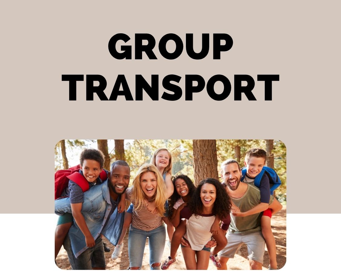 Group transport services with smiling families enjoying outdoor travel, representing comfortable and reliable group transportation by Golden Limousine International.