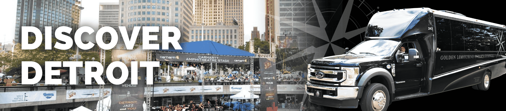 Luxury black shuttle bus from Golden Limousine International promoting Discover Detroit with the Detroit skyline and outdoor amphitheater in the background.
