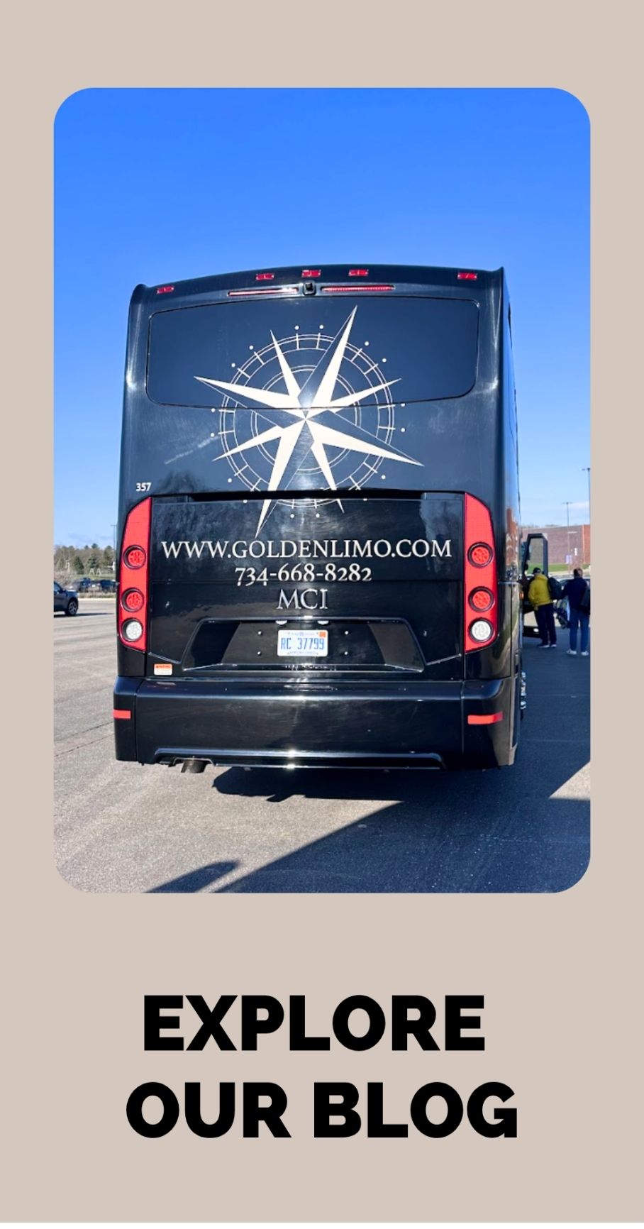 Rear view of a black Golden Limousine International luxury motor coach parked outdoors beneath a clear blue sky, with text reading "Explore Our Blog."