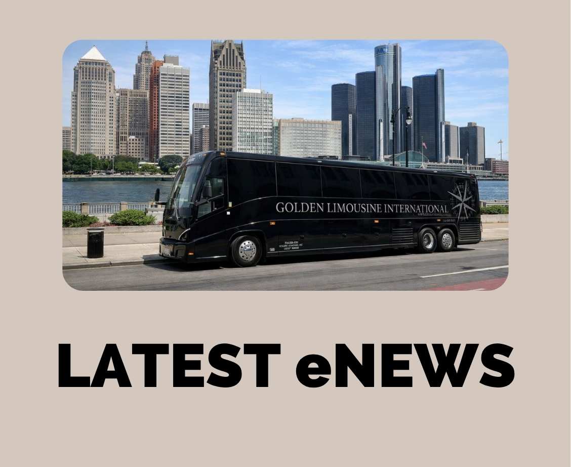 Promotional graphic featuring a black Golden Limousine International motor coach parked along the Detroit riverfront with the downtown skyline in the background and the words "LATEST eNEWS" displayed in large bold text below.