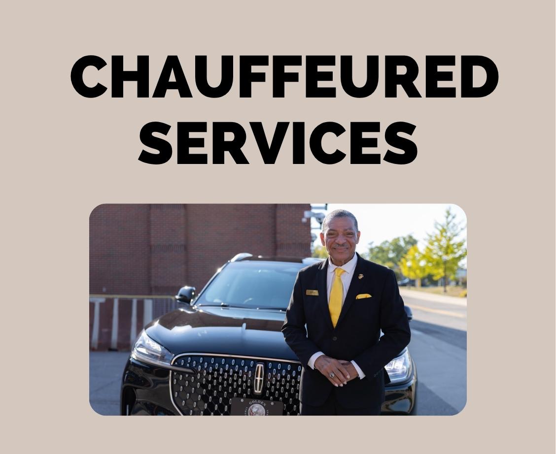 Professional Golden Limousine chauffeur standing beside a luxury black SUV.